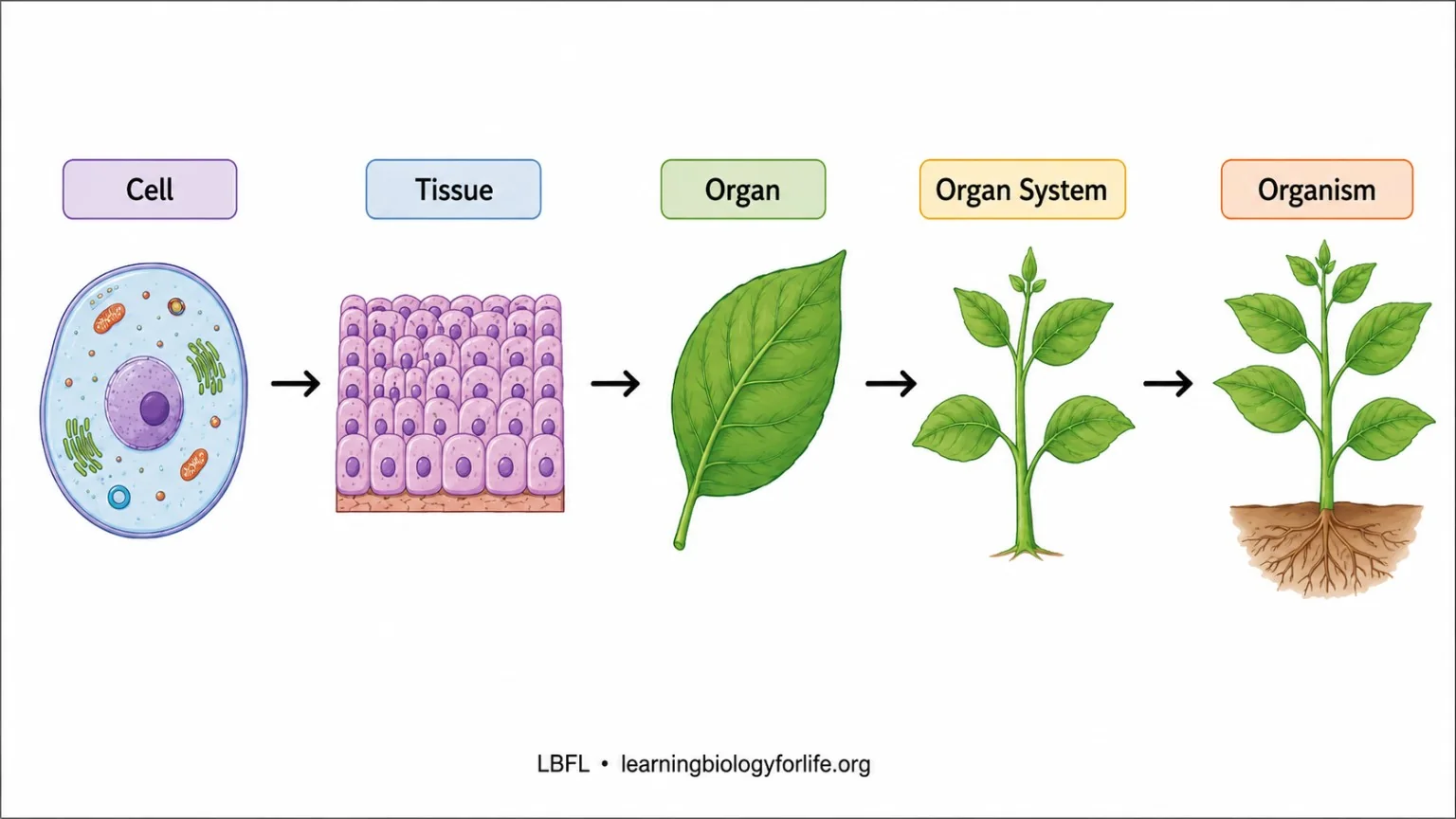 Flowchart showing cell to tissue to organ to organ system to organism.
